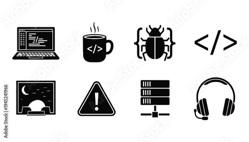A set of computer icons including laptop, coffee mug, and bug silhouette