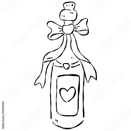 Hand-Drawn Wedding Wine Bottle Doodle with Heart Label and Bow, Party Cheers and Love Celebration Element.