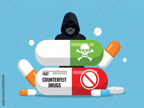 Counterfeit Drugs and Fake Medicine Vector Illustration with Hacker Figure and Skull Symbol on Pills, Representing Illegal Pharmaceutical Trade and Health Risks