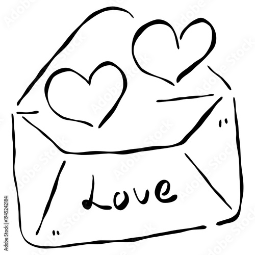 Hand-Drawn Open Wedding Envelope Doodle with Hearts, Romantic Love Letter and Greeting Card Element.