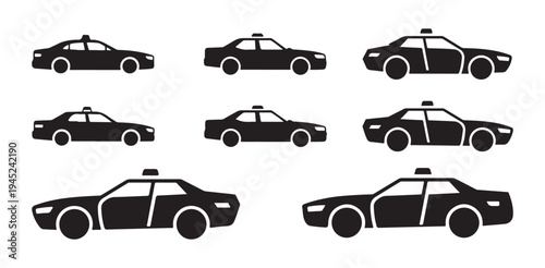 Sedan taxi car vector icons collection of various silhouettes isolated on white background