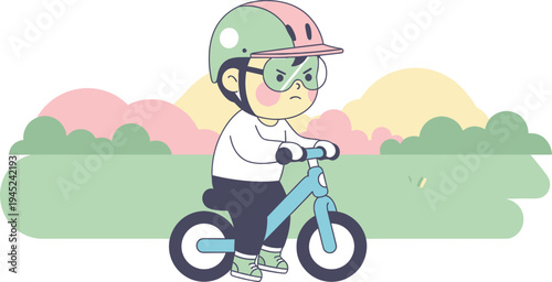 Cute cartoon boy learning to ride a blue balance bike, wearing a green helmet and goggles, with a determined expression in a park setting, vector illustration for children's activities and