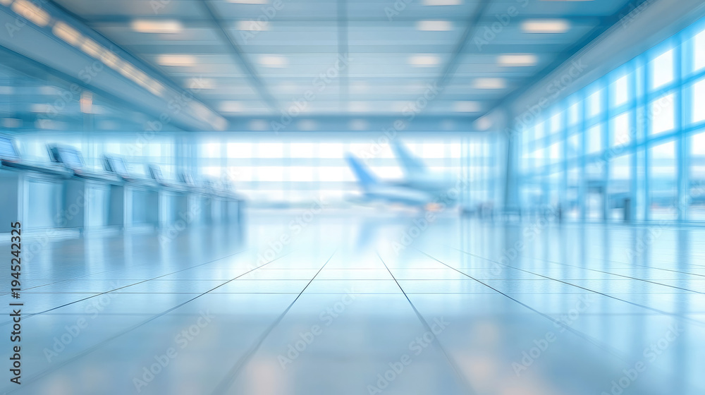 Obraz premium Blurred background of a modern airport hall, check-in counter, airplanes outside the window, departure lounge, arrival, travel, architecture, out-of-focus photo, copy space, bokeh
