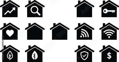 ollection of fifteen black house icons with symbols representing growth, security, connectivity, eco-friendly living, financial value, and architectural design concepts for property illustration