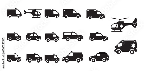 Emergency vehicles vector icons set featuring ambulances and rescue helicopters