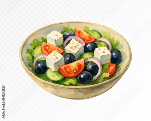 Watercolor style illustration of fresh Greek salad with feta cheese, olives, cucumber, tomato and onion in rustic bowl, healthy Mediterranean dish for menu and culinary design. Vector illustration.