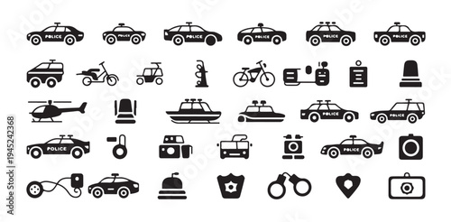 Set of police car and emergency vehicle icons for law enforcement and security