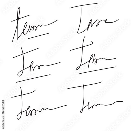 Autograph or business signature of facsimile handwritten by pen, isolated vector set. Name or Surname personal signatures in letters, handwriting ink pen or facsimile examples for documents in eps 10.