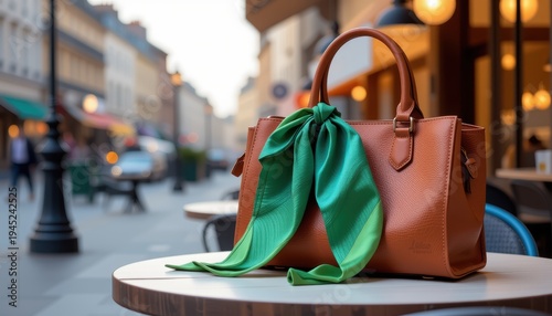 Brown leather handbag with green scarf on an outdoor café table in a city street.