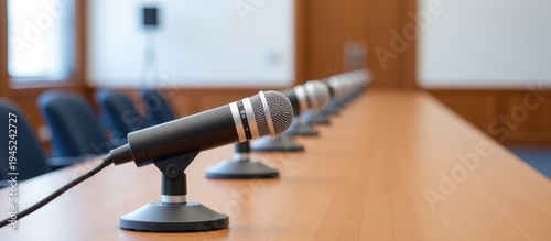 Row of microphones on a long conference table in a meeting room with chairs.