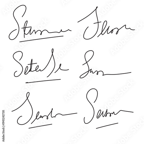 Autograph or business signature of facsimile handwritten by pen, isolated vector set. Name or Surname personal signatures in letters, handwriting ink pen or facsimile examples for documents in eps 10.