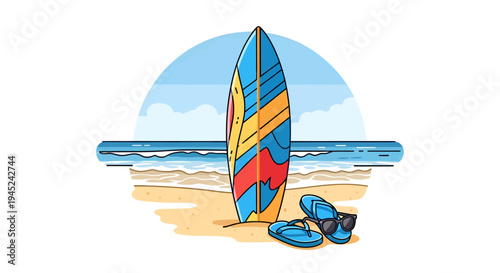 Surfboard Flip Flops and Sunglasses on a Sunny Beach Vacation