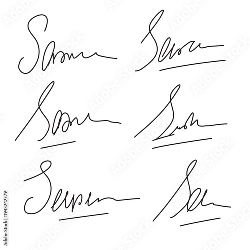 Autograph or business signature of facsimile handwritten by pen, isolated vector set. Name or Surname personal signatures in letters, handwriting ink pen or facsimile examples for documents in eps 10.