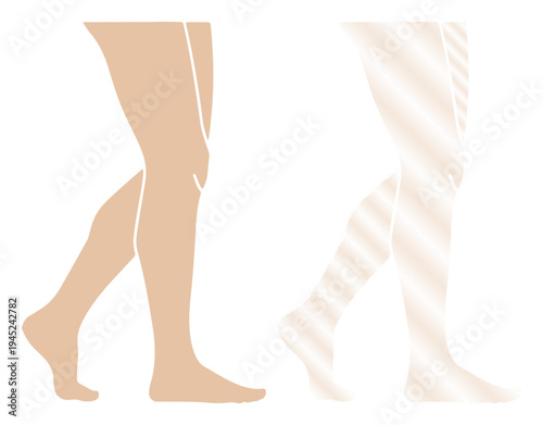 Elegant female legs depicted in profile, one solid and the other translucent with textured lines.