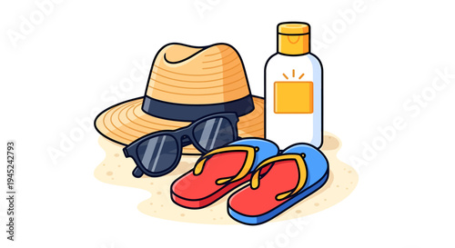 Beach Summer Vacation Essentials Straw Hat Sunglasses Sunscreen Flip Flops