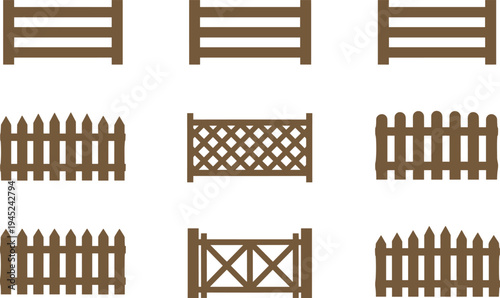 Set of wooden fence icons in flat vector style, brown garden and farm barriers, picket and lattice fences isolated on light background collection
