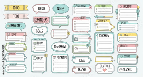 Collection of hand-drawn doodle style planner stickers and labels for organizing tasks and schedules.