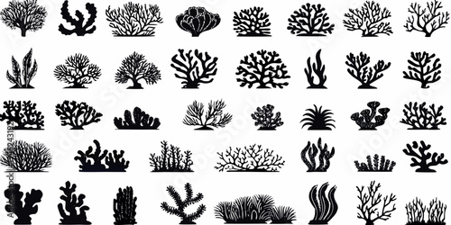 Collection of diverse black silhouettes resembling coral and plant life