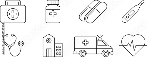 Medical and Healthcare Line Icons ? Hospital, Ambulance, Medicine, Thermometer and Heartbeat Outline Vector Set. editable stroke. isolated on transparent background.eps