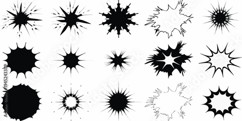 Collection of black splatter shapes resembling explosions or starbursts