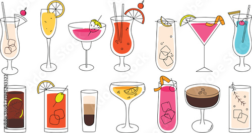 Tropical Summer Drink Collection Featuring Coconut and Pineapple Shell Glasses with Fruit Garnishes Straws and Flowers for Exotic Bar Menu Design Isolated Vector Illustration