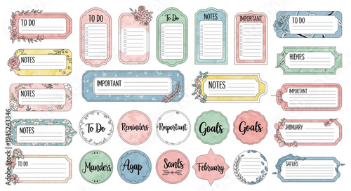 Collection of decorative planner stickers with floral accents and various labels.