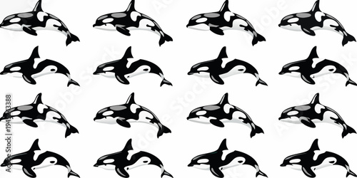 A repeating pattern of black and white orca whales on white