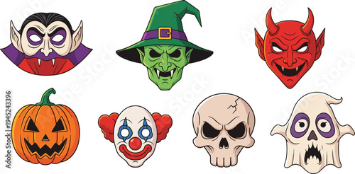 Halloween Character Icon Set with Witch Face, Devil Mask, Skull, Ghost, Pumpkin and Creepy Clown in Spooky Cartoon Vector Illustration Collection