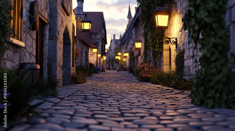 Obraz premium Cobblestone street in a historic village with lanterns at dusk surrounded by stone buildings and vibrant flowers along the path