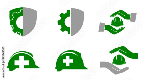 Comprehensive vector icon set for industrial safety and occupational health, symbolizing workplace protection, engineering security, and global safety awareness