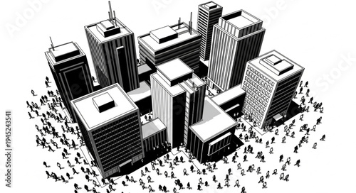 Monochrome Cityscape with Dense Crowd - An Artistic Black and White Illustration.