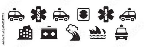 Emergency icons collection featuring medical symbols rescue vehicles and natural disaster elements