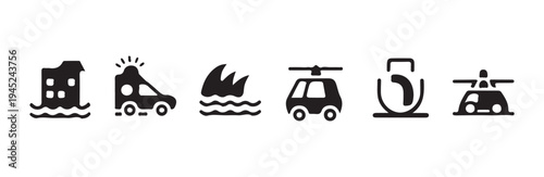 Emergency service icons set showing various disaster response vehicles and natural calamity symbols