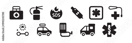Emergency and medical icons set including first aid fire extinguisher and rescue vehicles