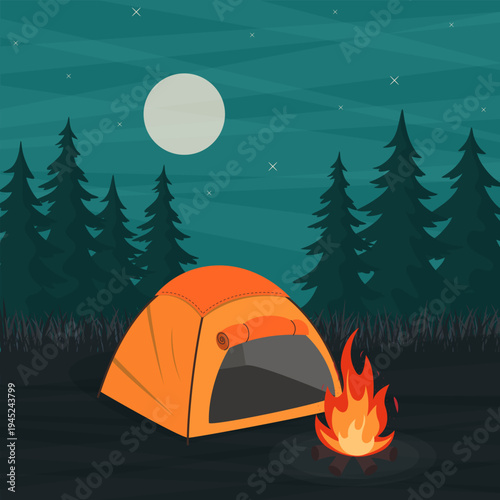 camping tent and campfire in forest