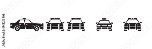 Set of police car icons showing front and side views of emergency vehicles
