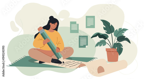 Creative writing process illustration, vector art of a woman writing with a large pencil, storytelling concept