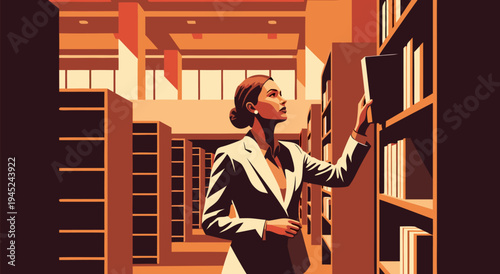 Elegant Woman in a Library - Vintage Style Vector Illustration for Knowledge and Learning Themes