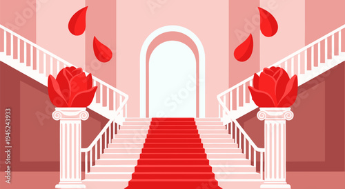 A Grand Red Carpet Staircase Illustration A Luxurious Entrance with Falling Rose Petals in Vector Art