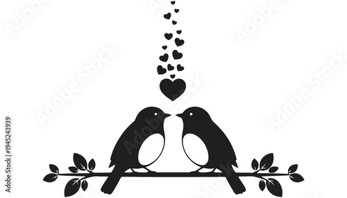A heartwarming bird silhouette illustration of two birds kissing on a branch