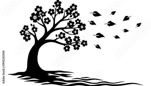 Tree silhouette with graduation caps flying away from blooming flowers
