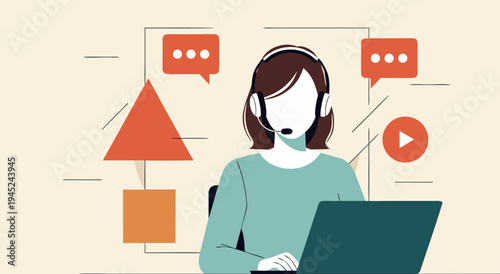 Customer support vector illustration of a woman wearing a headset and working on a laptop with communication icons, representing online service and assistance