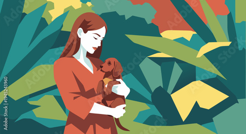 A vector illustration of a young woman holding a puppy in a lush, green, natural environment with a calm expression