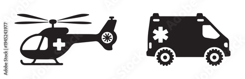 Emergency medical services transport helicopter and ambulance vehicle icons set silhouette