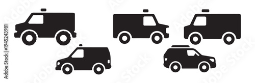 Public service vehicle icons featuring ambulance vans and suv silhouettes for emergency design