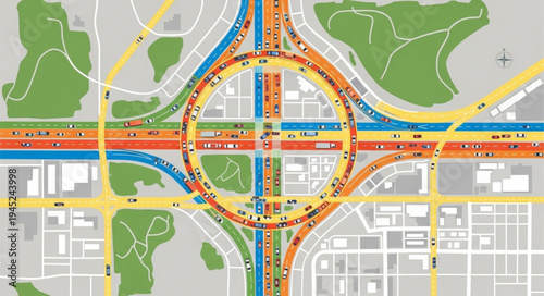 Aerial View of a Complex Highway Interchange with Multiple Lanes.