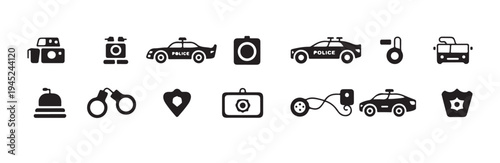 Police force security technology and tools vector icons set isolated on white background