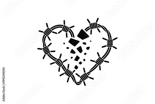 Broken heart illustration formed from barbed wire and shattered pieces