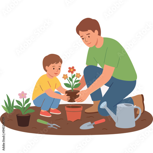 Father and son planting flowers together in the garden outdoors