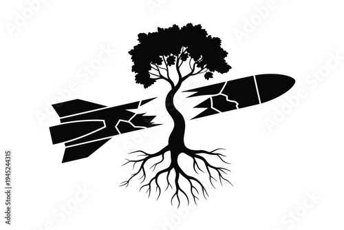 A tree growing from the broken remains of a missile